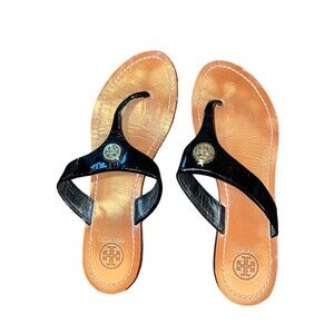 Tory Burch Cameron Thong Black Patent Leather Sandals 9M